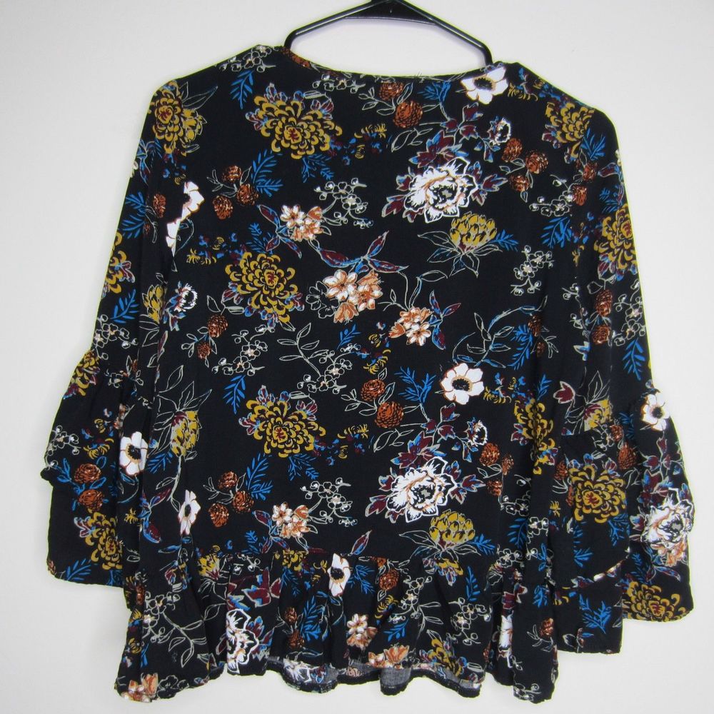 Anthropologie Solitaire womens black fall floral ruffle sleeve top blouse-Sz S
